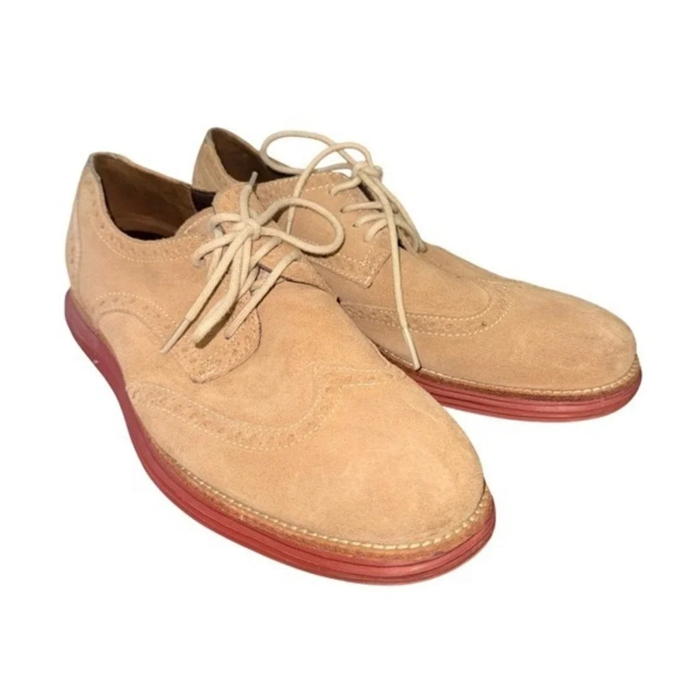 Cole Haan LunarGrand Oxford Mens 8M Pre-Owned Wingtip‎ Tan Suede Red Dress Shoes